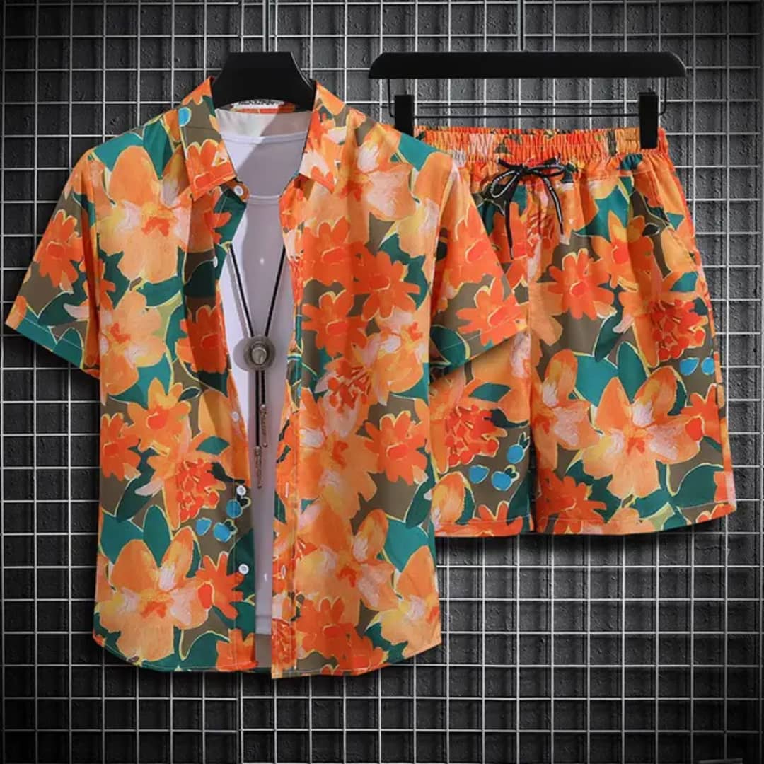 Ensemble chemise et short à fleurs orange
