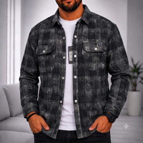 Chemise à carreaux anthracite délavé, deux poches poitrine à rabat