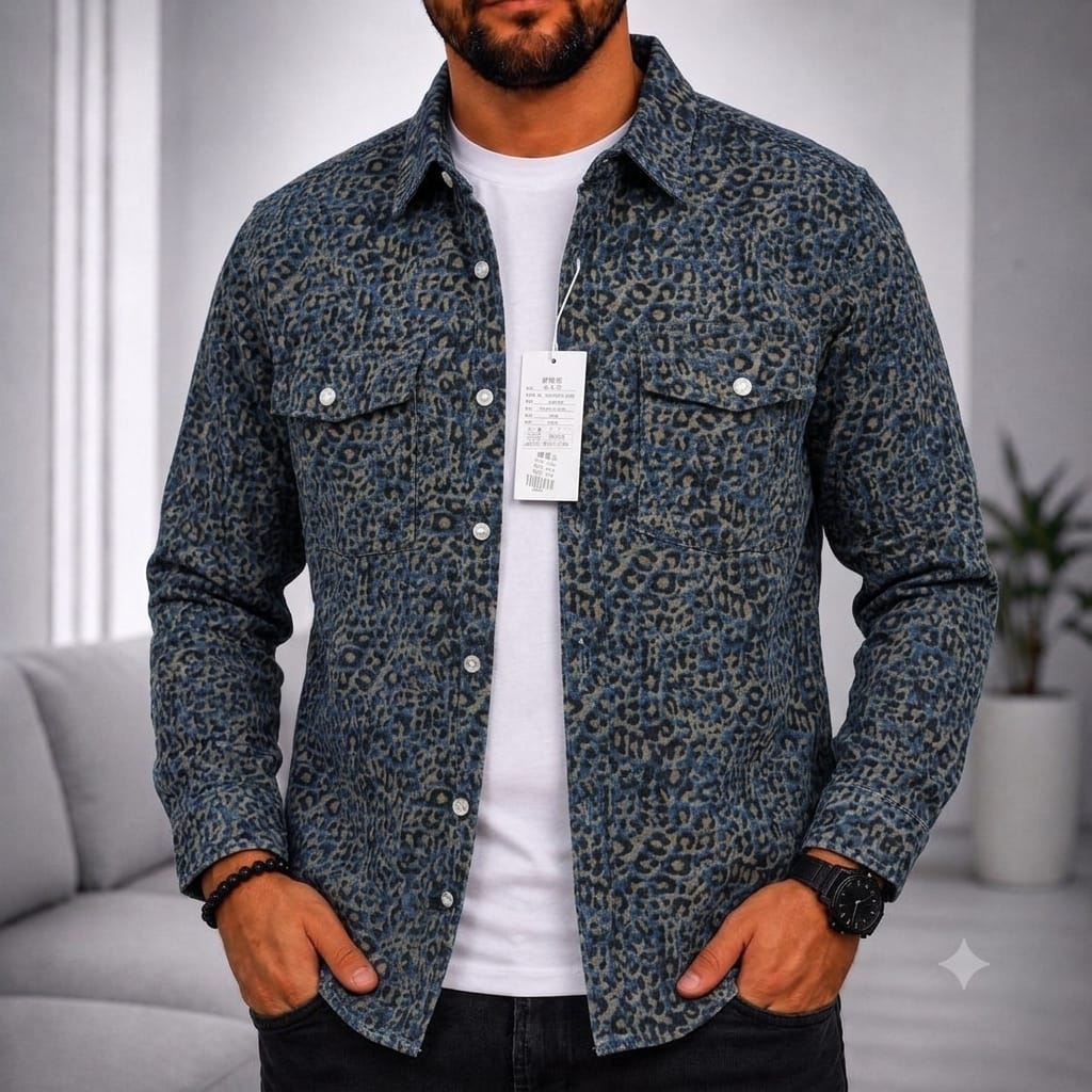 Chemise à motif léopard bleu et gris