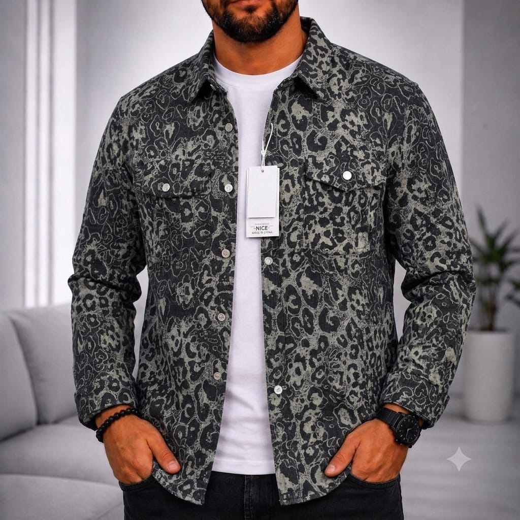 Chemise à motif léopard anthracite et gris clair