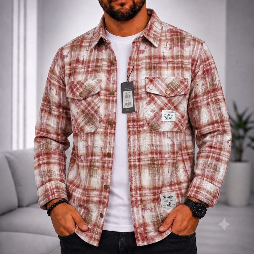 Chemise à carreaux rouge et crème effet tie-dye