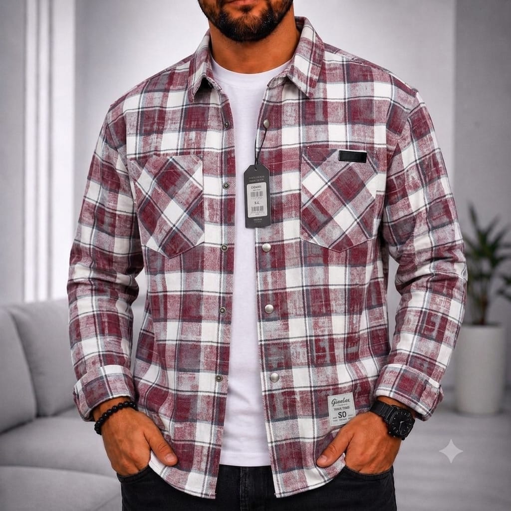 Chemise à carreaux bordeaux et blanc