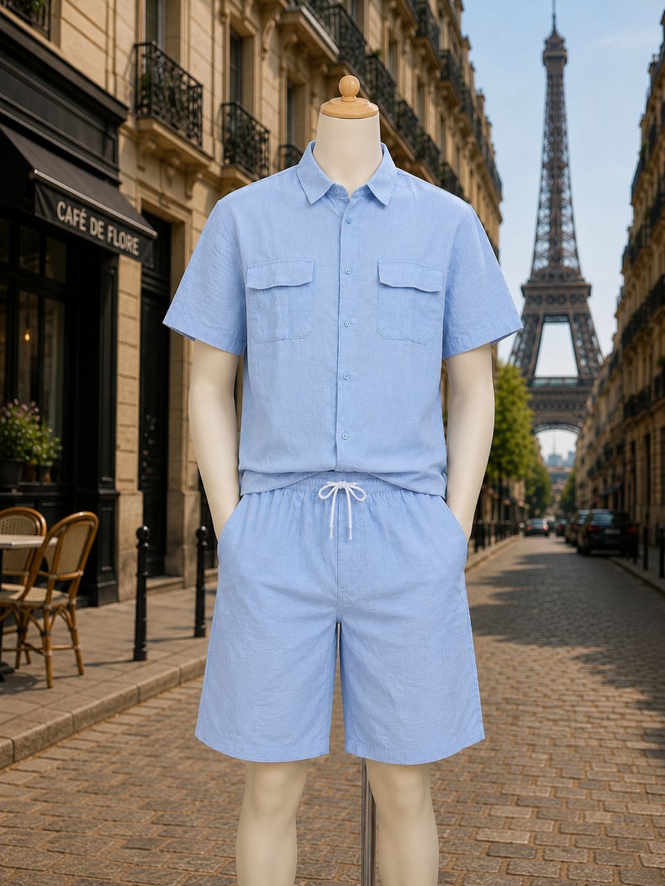 Ensemble chemise et short bleu ciel en lin léger