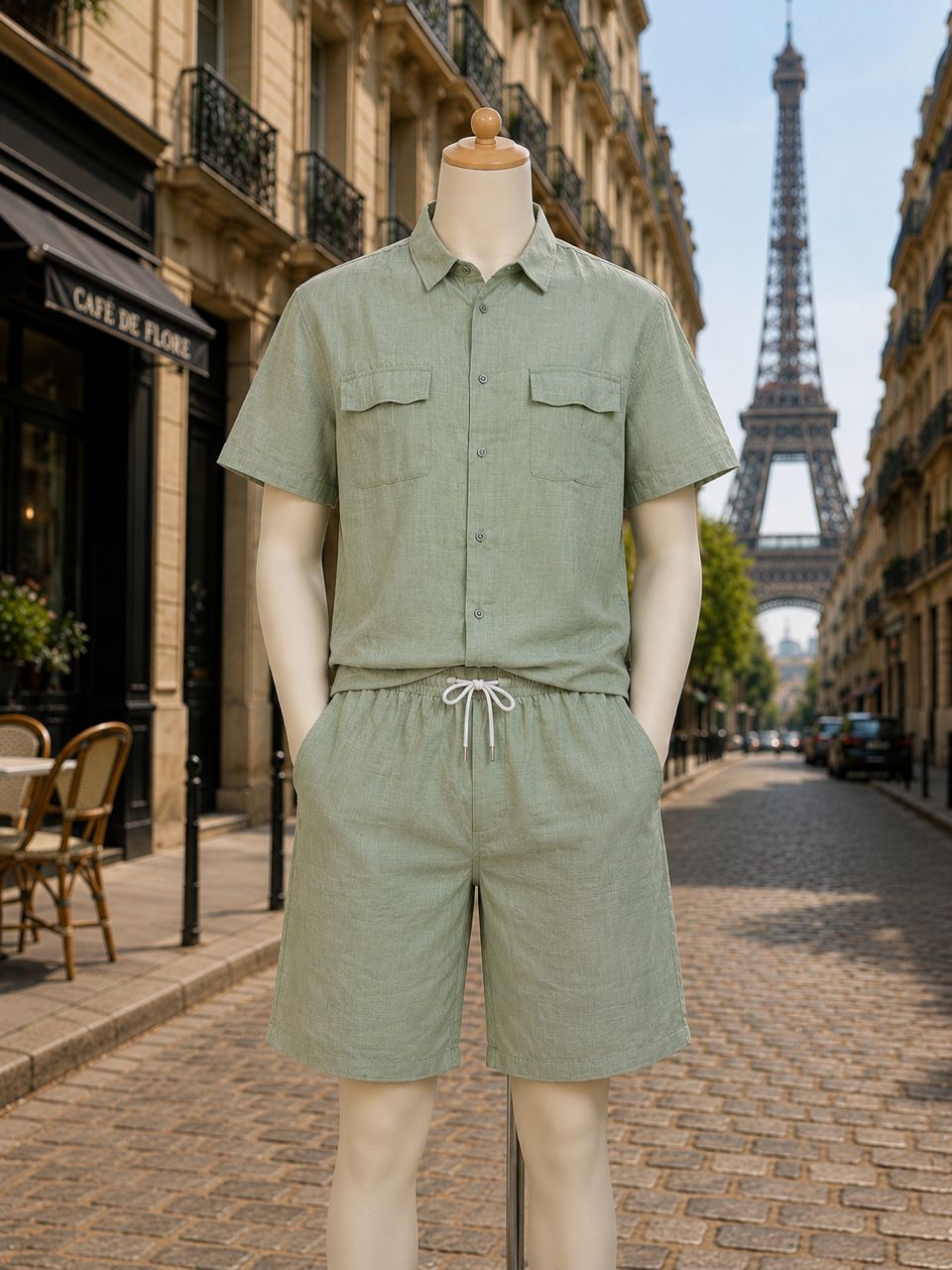 Ensemble chemise et short vert sauge en lin léger