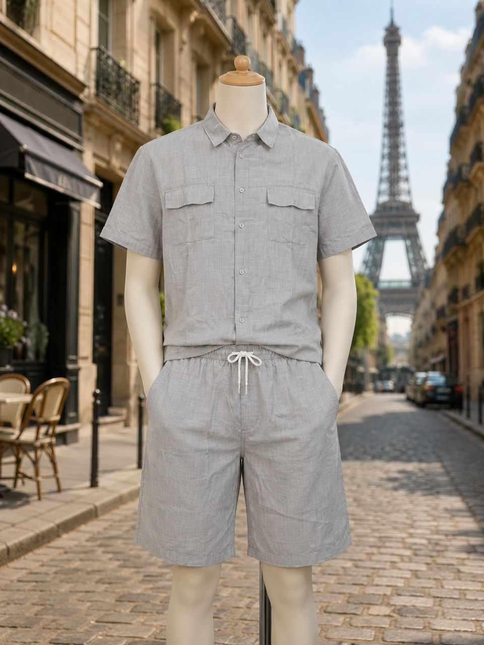Ensemble chemise et short gris clair en lin léger