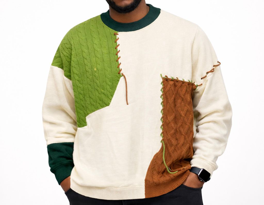 Pull patchwork écru, vert et marron