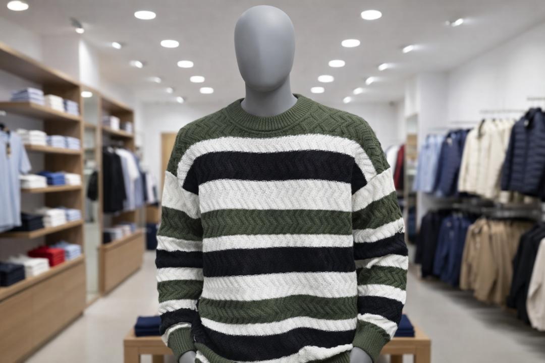 Pull rayé vert, blanc et noir