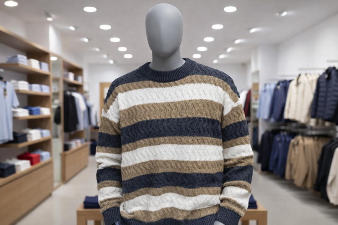 Pull rayé bleu marine, beige et blanc