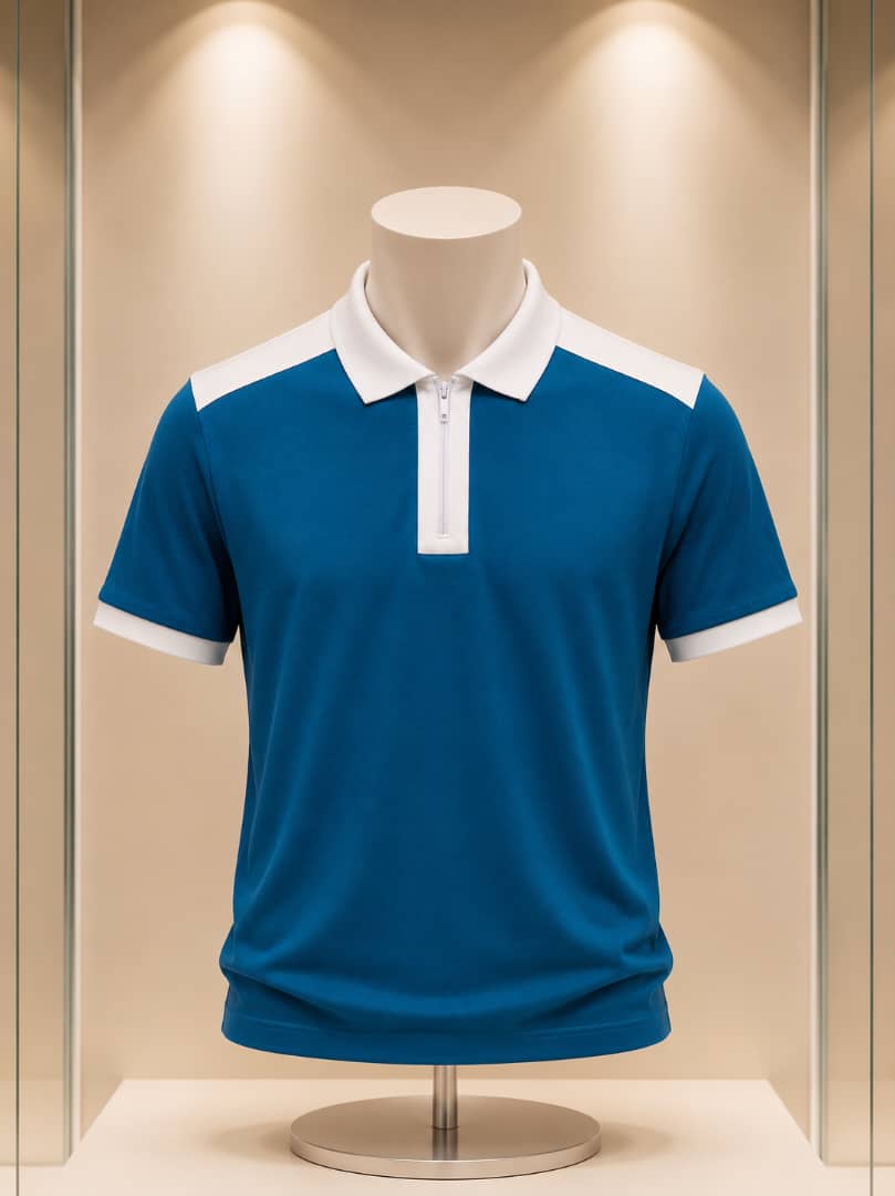 Polo bleu pétrole et blanc à col zippé