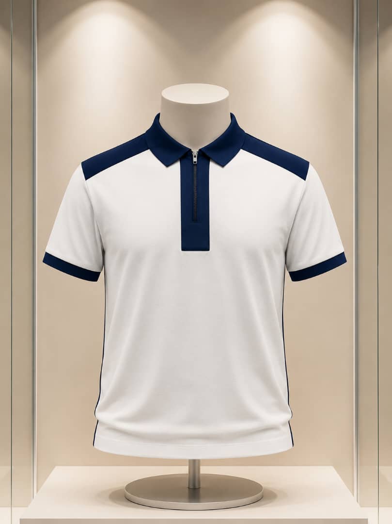Polo blanc et bleu marine à col zippé