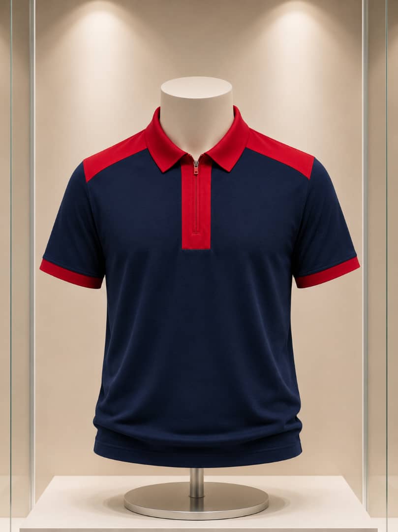 Polo bleu marine et rouge à col zippé