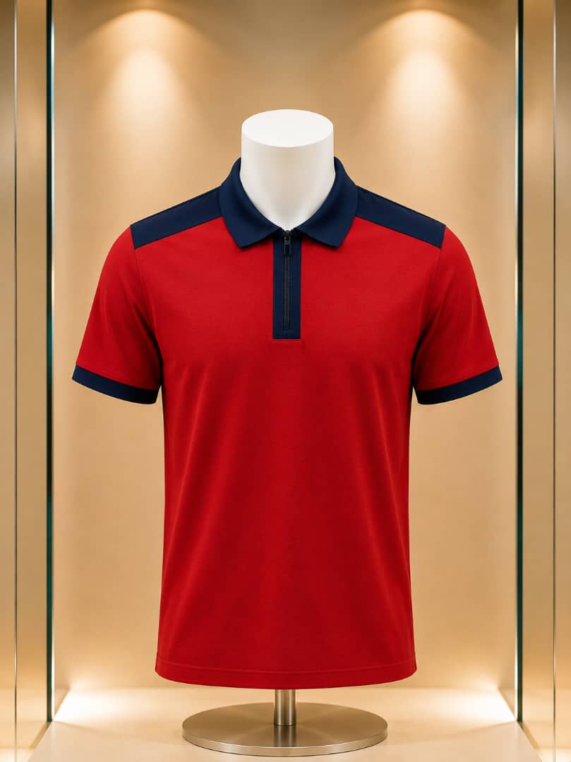 Polo rouge et bleu marine à col zippé