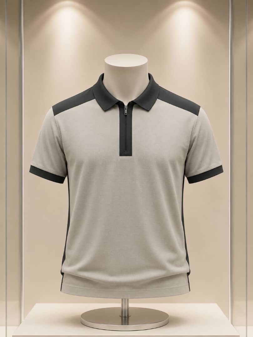 Polo gris clair et anthracite à col zippé
