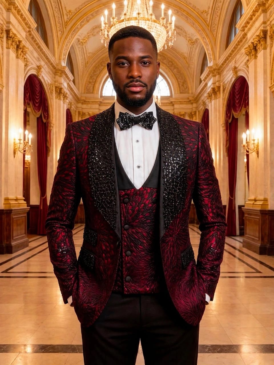 Costume 3 pièces bordeaux jacquard col châle strass