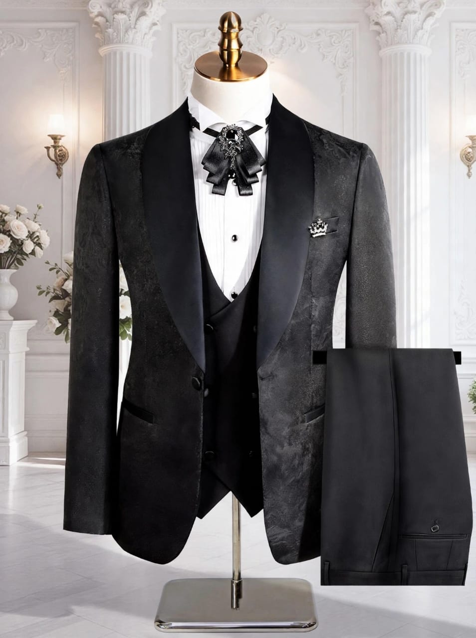 Costume cérémonie 3 pièces noir jacquard col châle satin