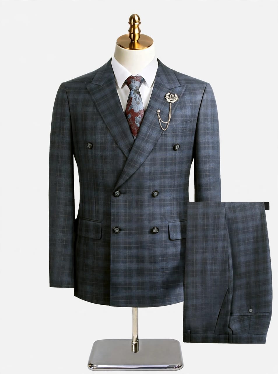 Costume croisé bleu gris à carreaux