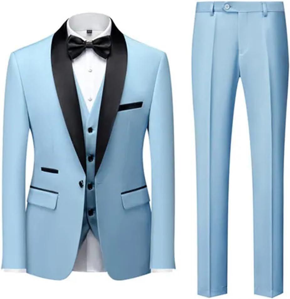 Costume 3 pièces bleu ciel col châle noir