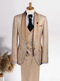 Costume mariage 3 pièces beige doré jacquard col châle